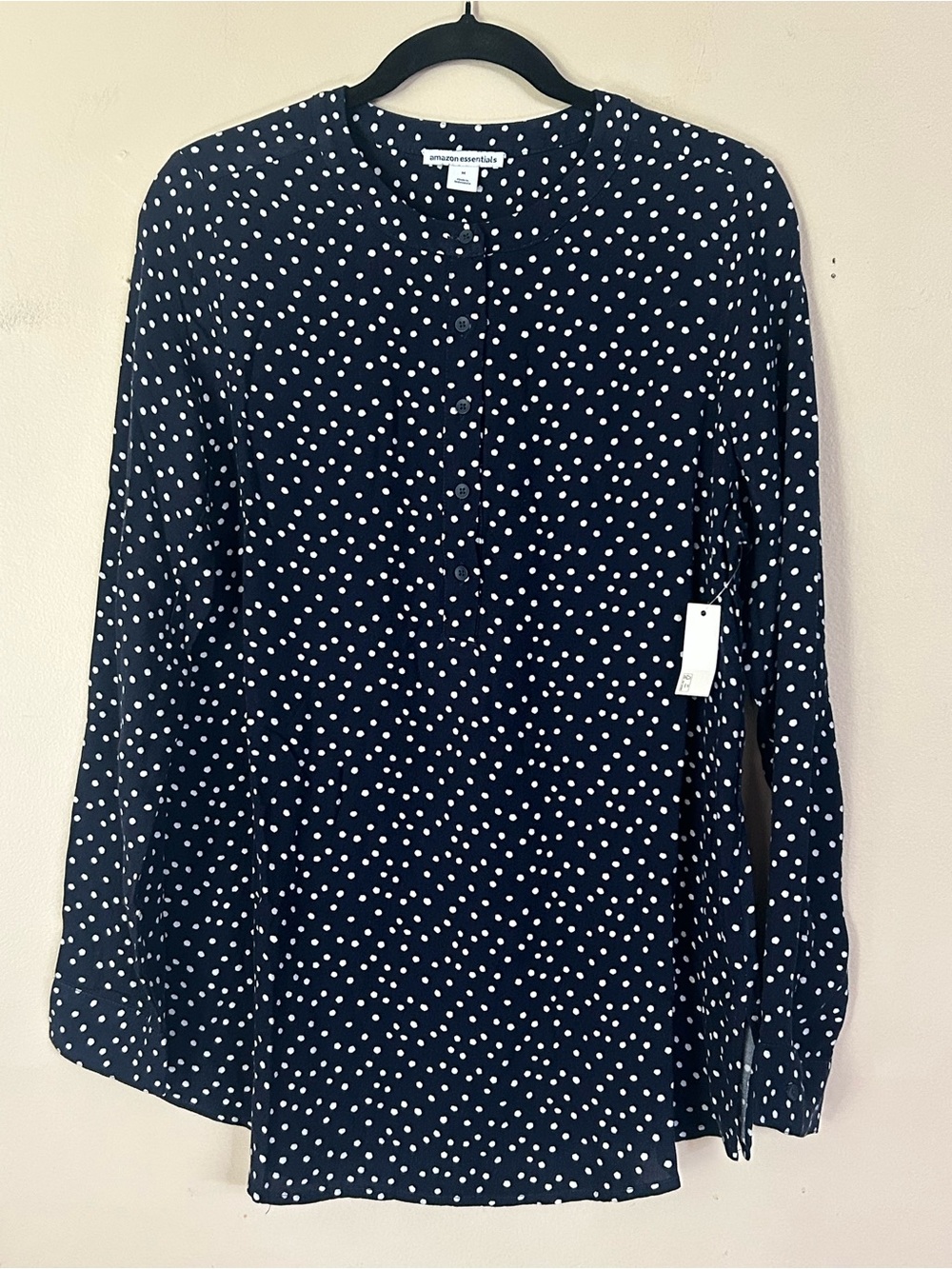 Amazon Essentials Women’s Medium Navy Polka Dot Long Sleeve Blouse